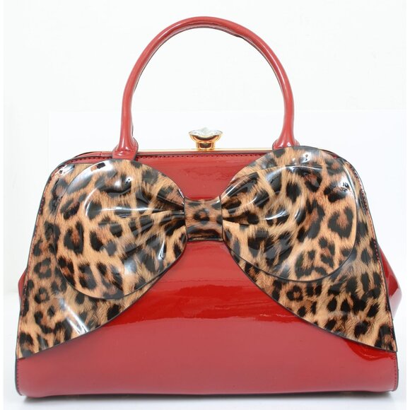 LATerre Handbags - Lipstick Red Shiny Leopard Bow Chunky Diamond Closure Handbag Purse Crossbody
